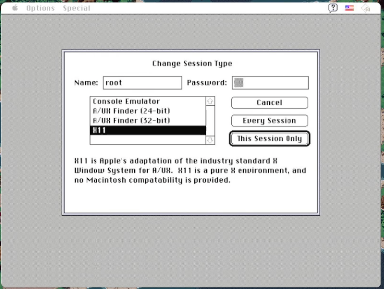 Login options from a computer running A/UX.