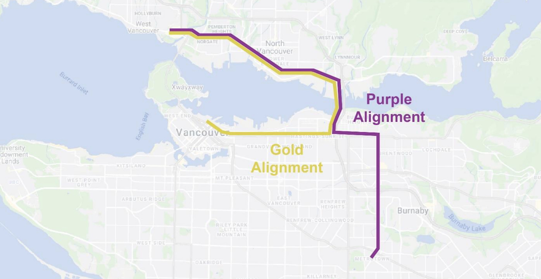 Two potential routes for SkyTrain in Vancouver going to the North Shore
